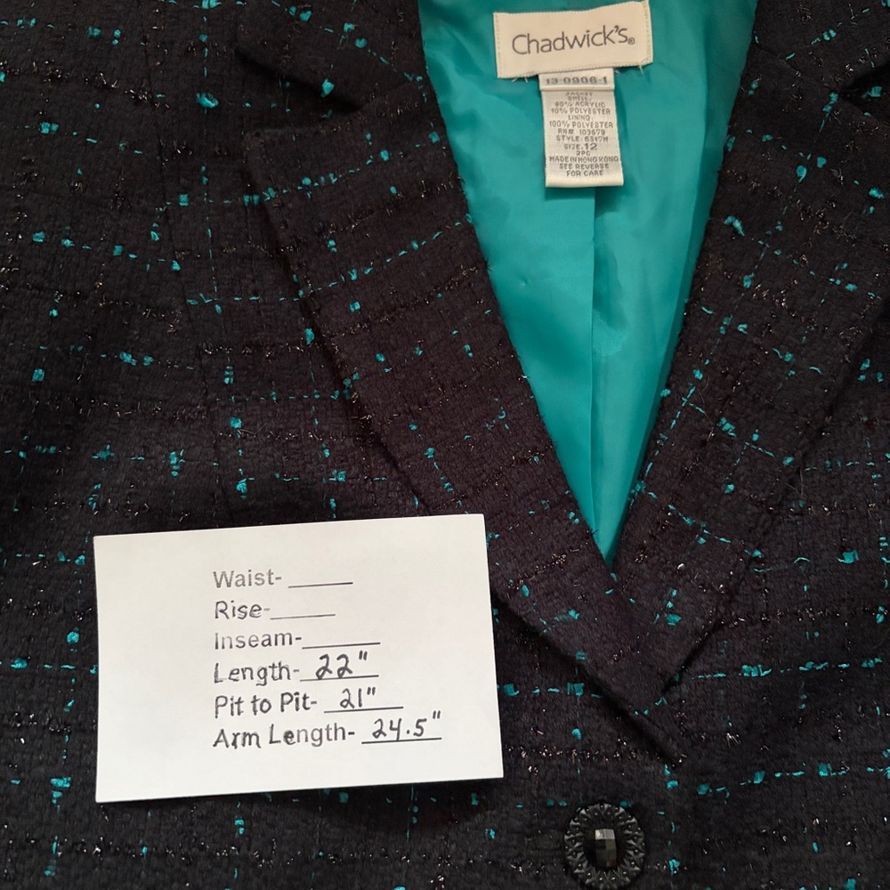 CHADWICK’S Vintage Woven Tweed Black & Teal Blazer and Skirt Set - Picture 13 of 16